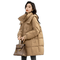 Duck Down Jacket Women 2024 Winter Mid-Length Hooded Fashion Solid Color Korean Style Warm Jacket W