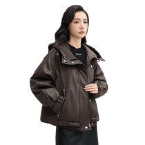 Duck Down Jacket Womens Winter Maillard Style 2024 New Hooded Short Motorcycle Style Fashion Jacket J