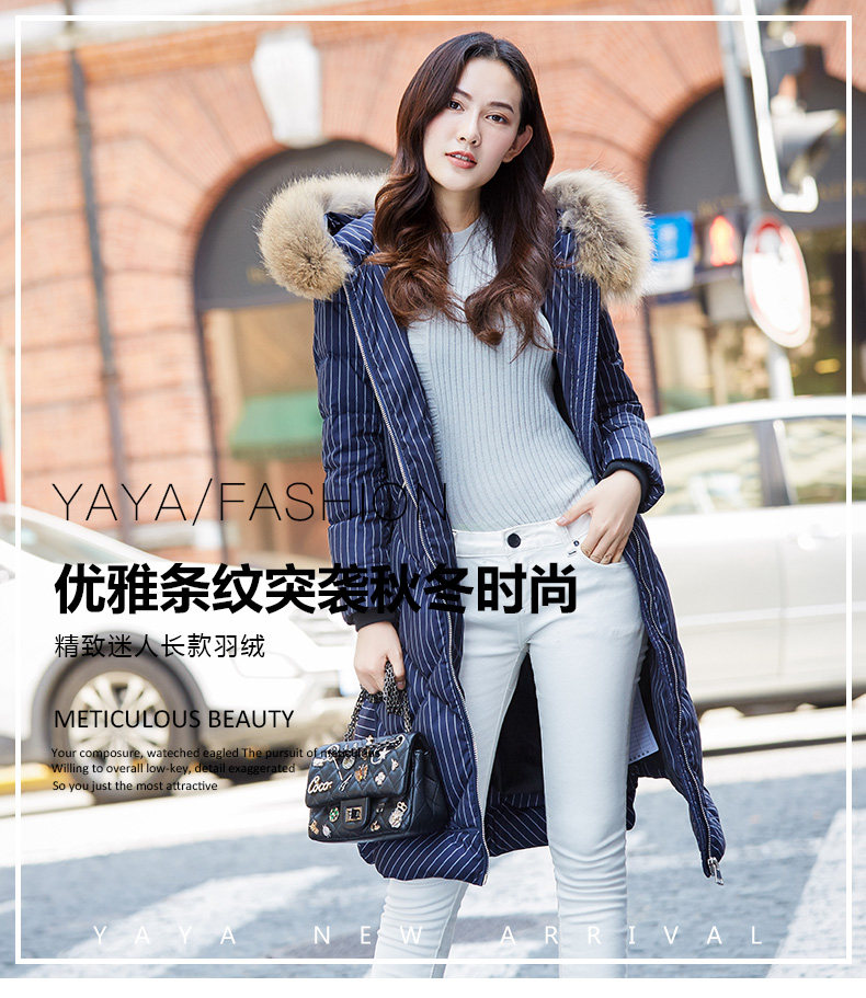 降40元 鸭鸭 格子条纹 貉子毛领中长款 女式连帽羽绒服 双重优惠折后￥198包邮 2色可选