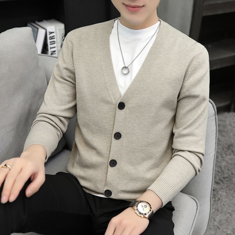Autumn and Winter Cardigan Sweater Men's Coat Solid Color Knitwear Versatile Trendy Korean Style 2025 New Long-Sleeve V-Neck Top