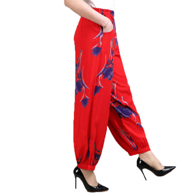 Middle-aged and elderly mother cotton silk pants spring and summer wide-leg pants floral pants women's beach pants elastic waist dance bloomers fashion