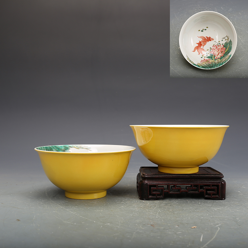 中国古美術・旧蔵粉彩と黄釉瓷器碗セット・置物・茶道具・純手描き・極細工・箱付き 中国古美術・旧蔵粉彩と黄釉瓷器碗セット・置物・茶道具・純