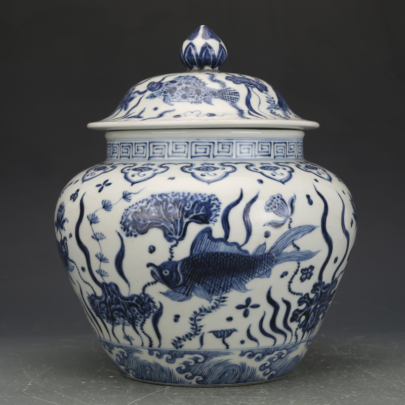中国古美術・元款青花磁鱼藻紋罐・青花磁・純手描き・陶芸・花瓶・文房具・置物・書道 青花魚藻文壺【受注生産】寫シリーズ | by Art STORE