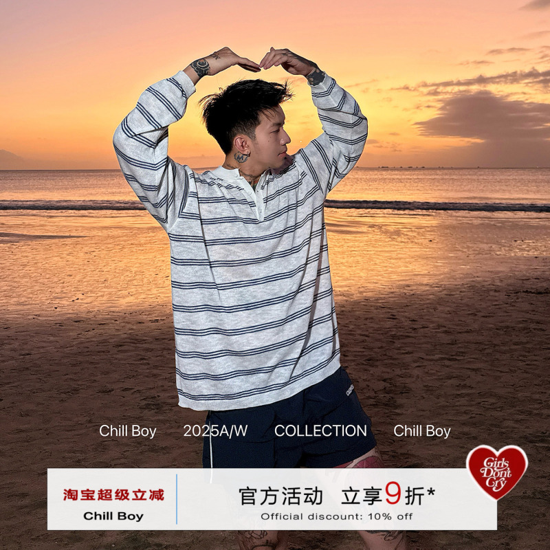 【Straightforward Roman】Chill Boy Lightweight Striped Henley Collar Polo Shirt Men's Casual Loose Long Sleeve Top 【Straightforward Roman】Chill Boy Lightweight Striped Henley Collar Polo Shirt Men's Casual Loose Long Sleeve Top