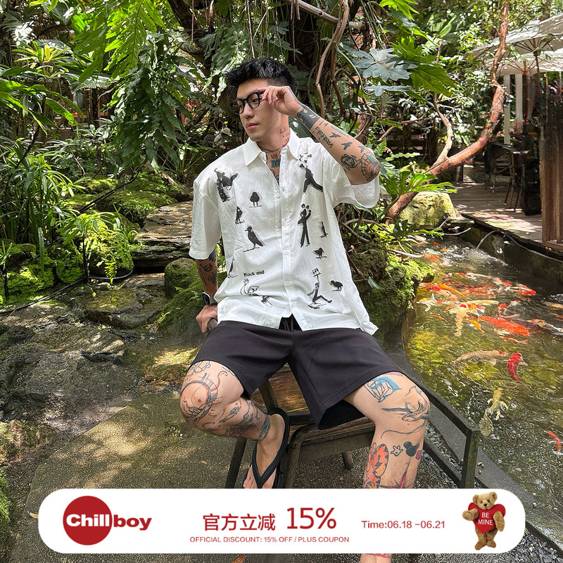 [Style Is King] Chill Boy High-End Printed Short-Sleeve Shirt for Men, Casual, Loose, Versatile Top, Trendy