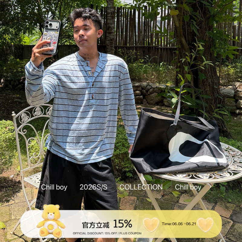 Chillboy Summer Breeze Striped Henry Collar Sun Protection Long Sleeve T-Shirt Men's Loose Lightweight Breathable Top Chillboy Summer Breeze Striped Henry Collar Sun Protection Long Sleeve T-Shirt Men's Loose Lightweight Breathable Top