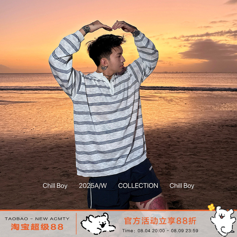 【Straightforward Roman】Chill Boy Lightweight Striped Henley Collar Polo Shirt Men's Casual Loose Long Sleeve Top 【Straightforward Roman】Chill Boy Lightweight Striped Henley Collar Polo Shirt Men's Casual Loose Long Sleeve Top