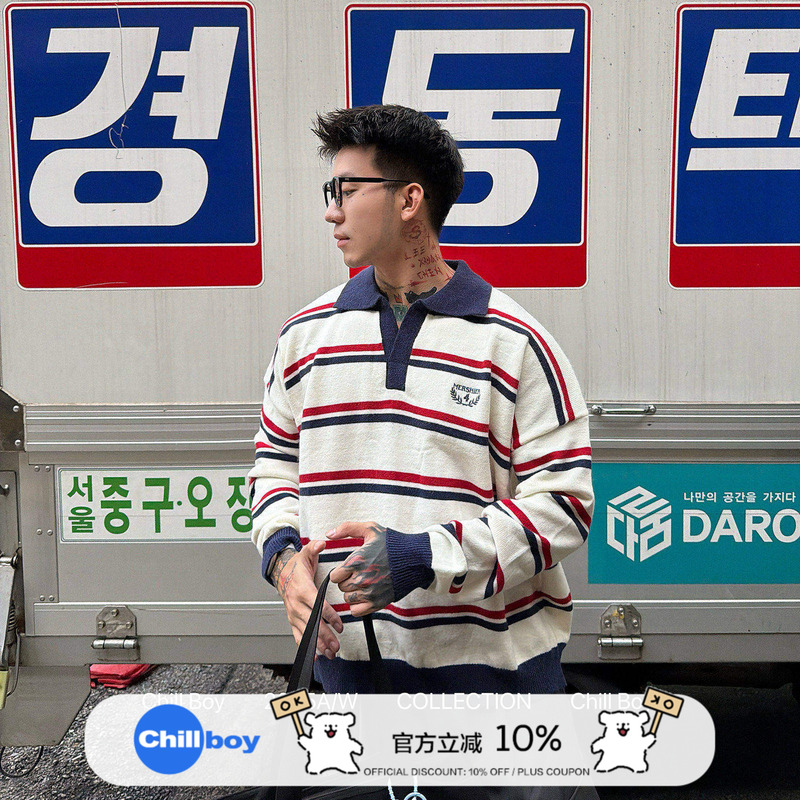 【Milky White Warm Winter】Chill Boy Striped Polo Knit Men's Loose Sweater Lazy Style Versatile Top Trendy