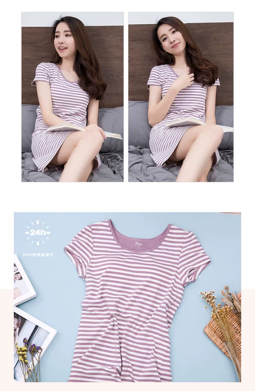 Top cotton cotton cotton dạ hội nữ mùa hè tay áo ngắn ngực áo ngực váy sọc ngắn váy dịch vụ nhà hàng đầu