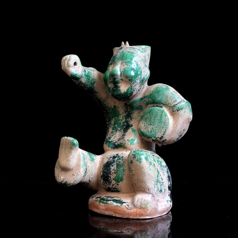 Han Dynasty drumming rap figurines antique Han green glazed pottery figurines Chinese-style living room home decorations antique collection of art