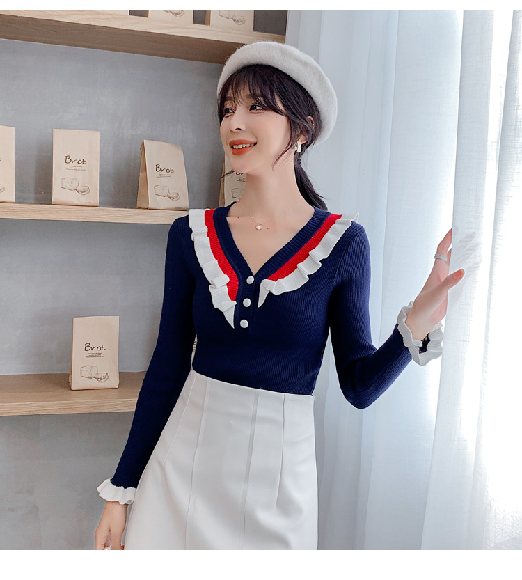 VK旗艦店 韓國風木耳邊氣質套頭V領長袖上衣