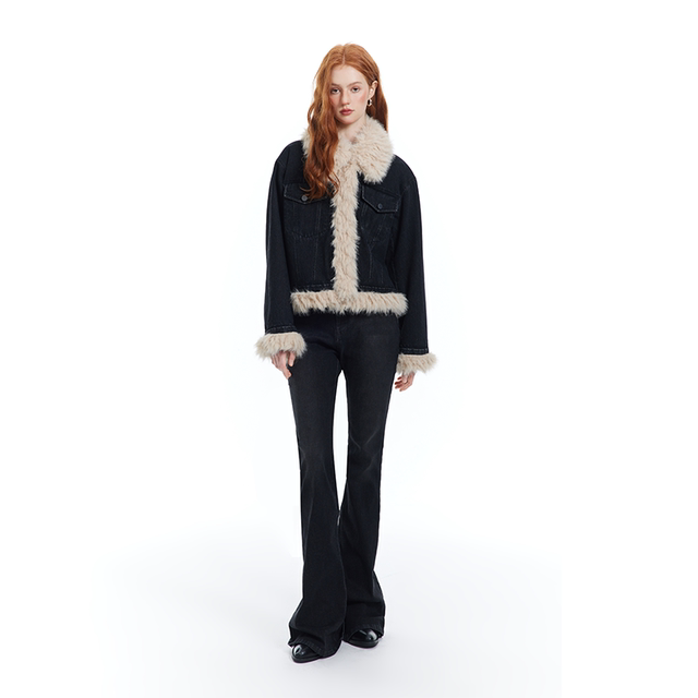 LesFortes/23AW original design fur collar contrasting color denim quilted jacket retro short autumn and winter cotton coat