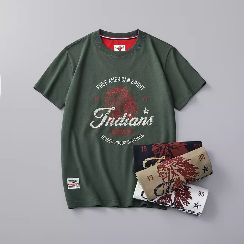 Indian Retro Printed Short-Sleeved T-Shirt for Men, Washed Pure Cotton, Brushed American Fashion, Youth Round Neck, Half-Sleeve Trend