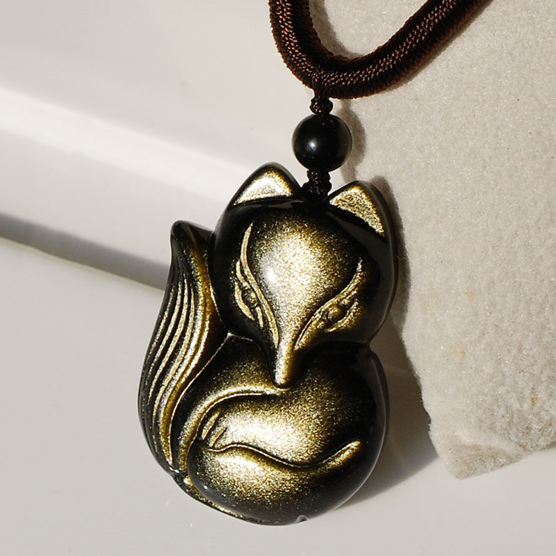 Natural Black Blazing Stone Fox Pendant Ornament Item Pendant Pendant Gold Dazzling Fox Fox Pendant Necklace Pendant t