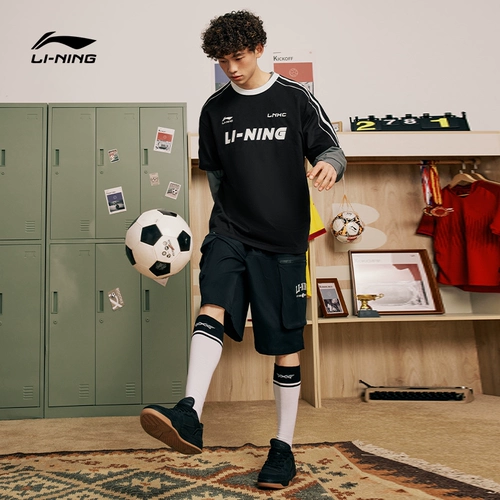 Li Ning, летняя шелковая белая спортивная футболка для влюбленных, короткий рукав, круглый воротник, в американском стиле, свободный крой