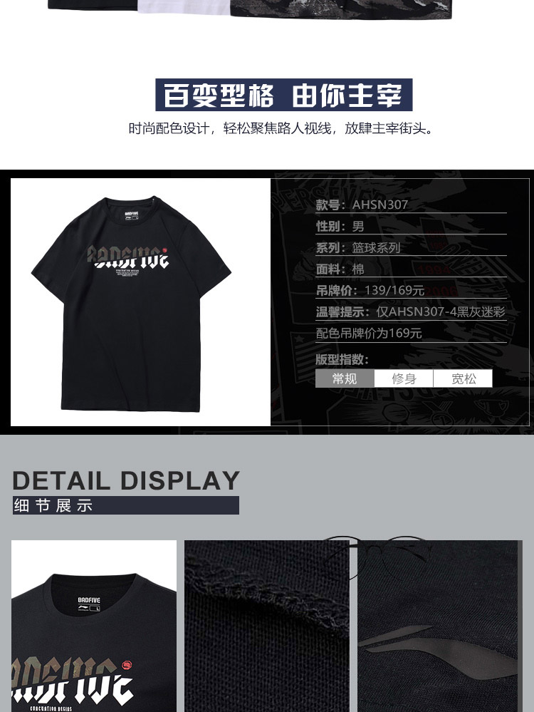 Li Ning ngắn tay nam 2019 New BAD FIVE Series bóng rổ tròn cổ Top áo thun cotton thoải mái mùa hè - Áo phông thể thao áo thể thao có cổ