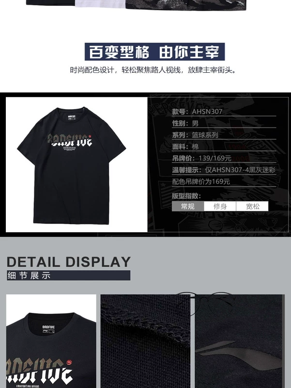 Li Ning ngắn tay nam 2019 New BAD FIVE Series bóng rổ tròn cổ Top áo thun cotton thoải mái mùa hè - Áo phông thể thao