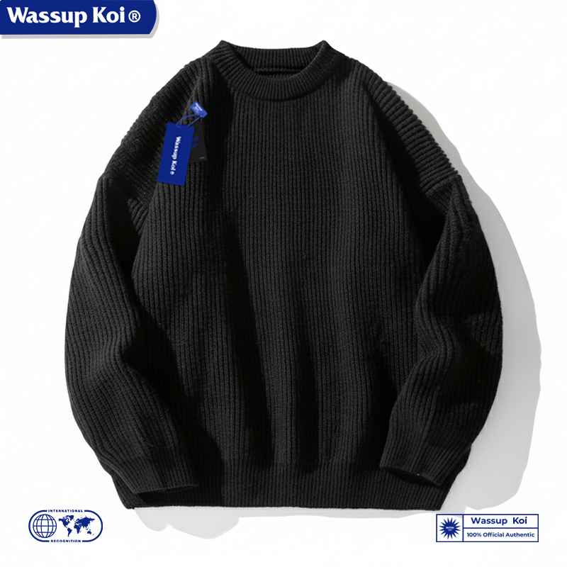 Wassup Japanese Retro Solid Color Versatile Crew Neck Sweater Unisex Autumn and Winter Sweatshirt Base Layer Trendy Knitwear