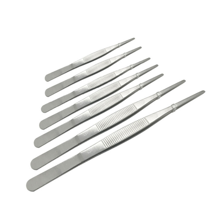 Stainless steel tweezers Laboratory dressing tweezers thickened round head with teeth straight head elbow various specifications