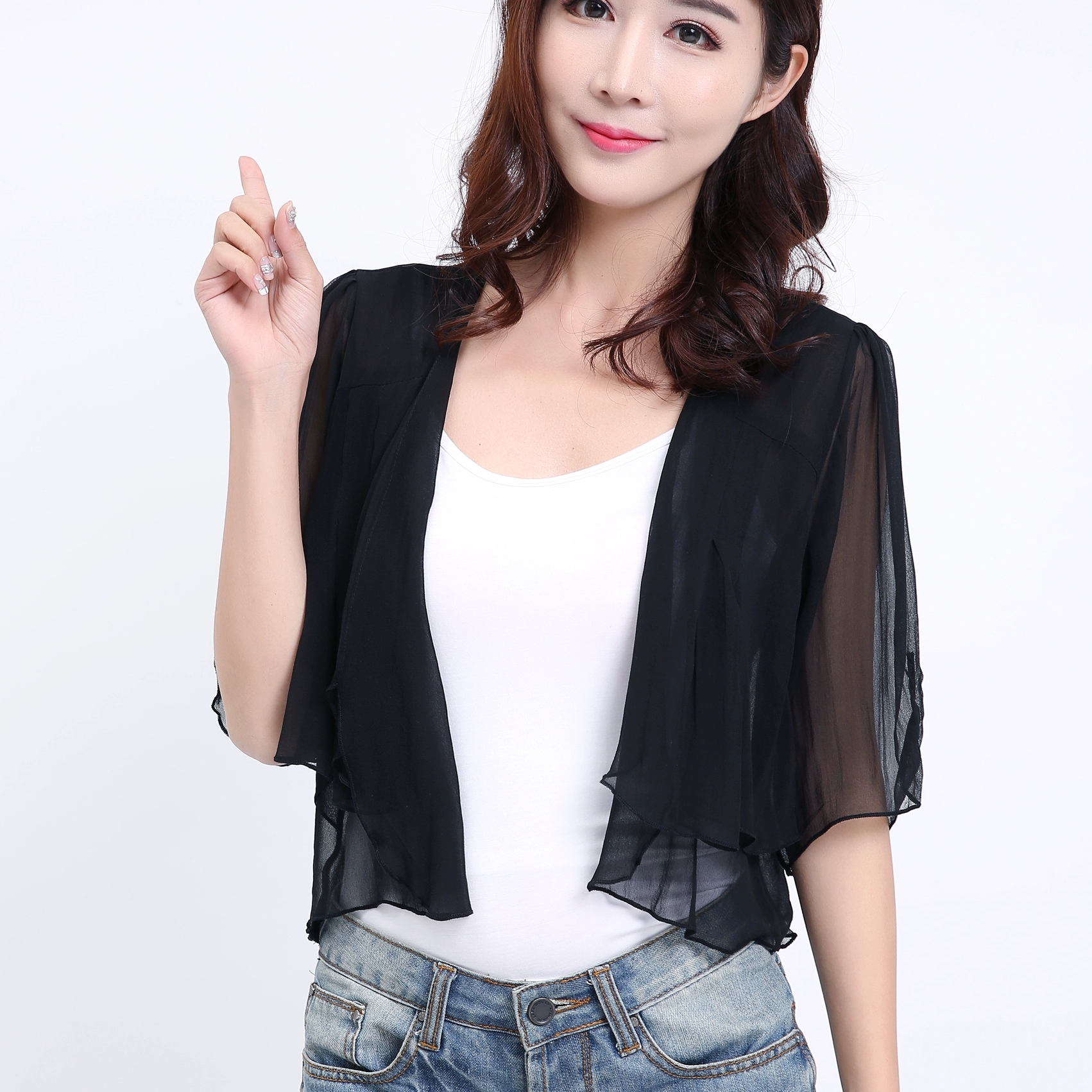 Mùa xuân và mùa hè mới của phụ nữ màu tinh khiết lụa dâu tằm cardigan lụa georgette khăn choàng ngắn áo khoác nhỏ trong tay áo chống nắng - Áo khoác ngắn