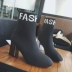 Booties nữ xuân hè 2018 mới châu Âu và Mỹ dày với đầu vuông co giãn đan vớ cao gót đen skinny cao cổ giày boot nữ cổ cao đế bằng Giày ống