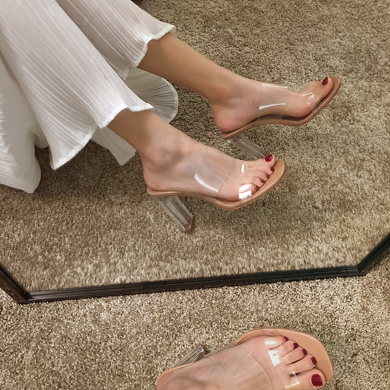 Sandals 2021 new women's all-match white summer fashion transparent belt one-word thongs open-toe thick-heeled high-heeled shoes autumn