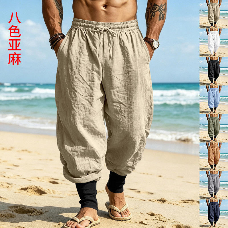 Cross-Border American Casual Linen Beach Commuting Breathable Vacation Color-Block Loose Jogger Drawstring Pants Cross-Border American Casual Linen Beach Commuting Breathable Vacation Color-Block Loose Jogger Drawstring Pants