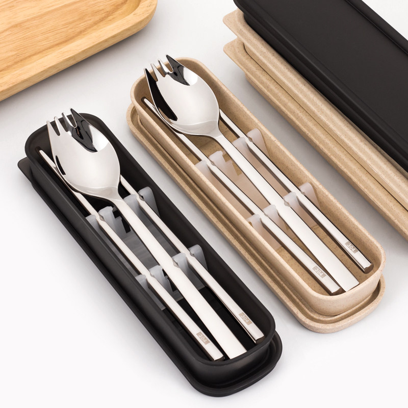 Creative 304 stainless steel portable tableware set student adult outdoor travel chopsticks spoon fork box three-piece set