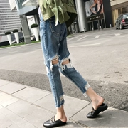 Quần jeans rách cỡ lớn 200 kg lưới màu đỏ của phụ nữ mùa xuân chất béo chị em đã mỏng vừa vặn pants quần dày đùi - Quần jean