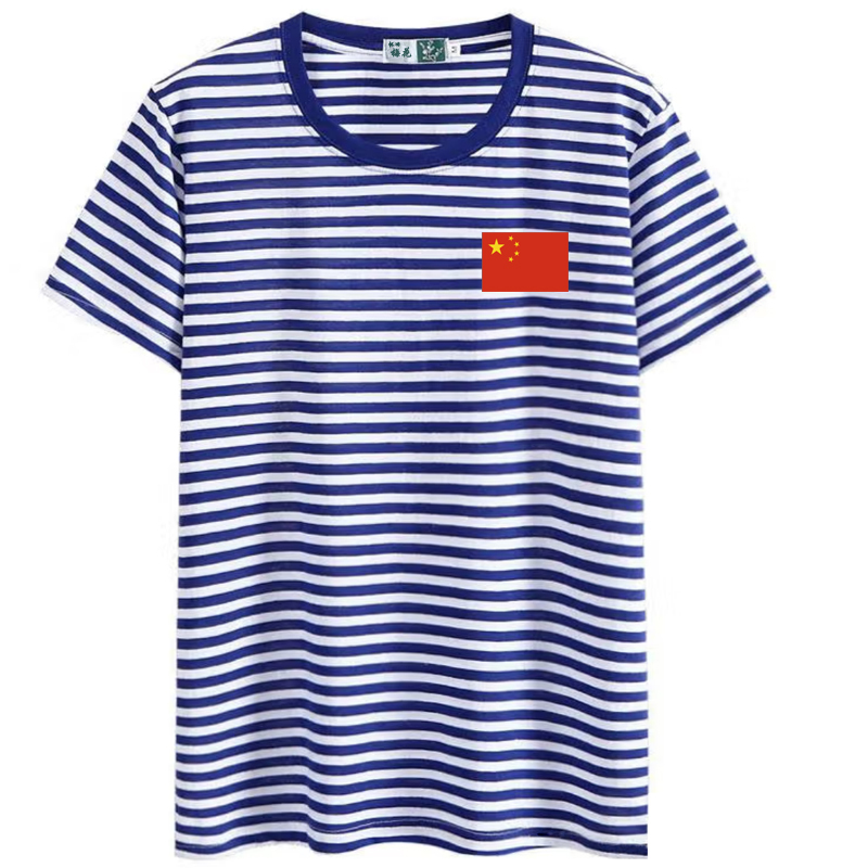 Pure Cotton Sailor Shirt Short-Sleeved Women's Blue and White Striped T-Shirt Men's Work Clothes Primary and Secondary School Uniforms Kindergarten Uniforms with Printed Logo