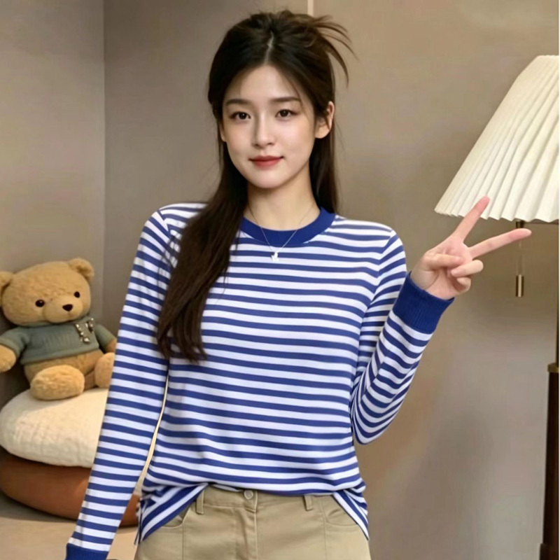 Navy-Style Shirt for Women, Long-Sleeved Cotton Blue and White Striped T-Shirt, Spring and Autumn Round Neck Loose-Fitting Vintage Nostalgic Sailor Uniform for Friends Gathering
