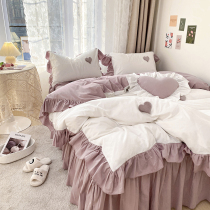 Pleasing) is heart-moving ~ pure color princess wind bed skirt bed with four pieces of covered pure cotton full cotton fairy pistachian girl heart spring