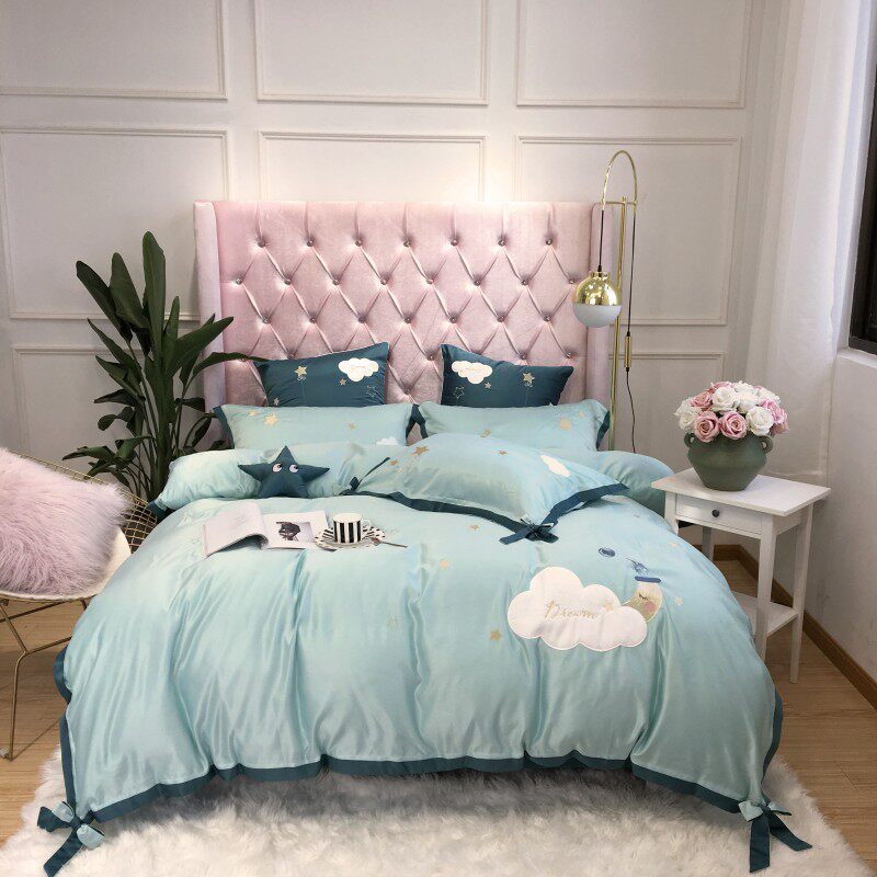 Summer Real Silk Princess Wind Bed Four Sets Full Cotton Pure Cotton Net Red Identical Naked Sleeping Sheets Ice Silk Eurostyle Silk Skating