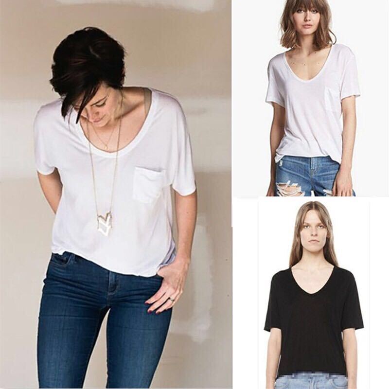 Aw King T-Shirt for Women, Summer Short Style, Solid Color, Loose Fit, Large V-Neck, Short Pocket, Alexander Short-Sleeve T-Shirt, Fashionable and Casual