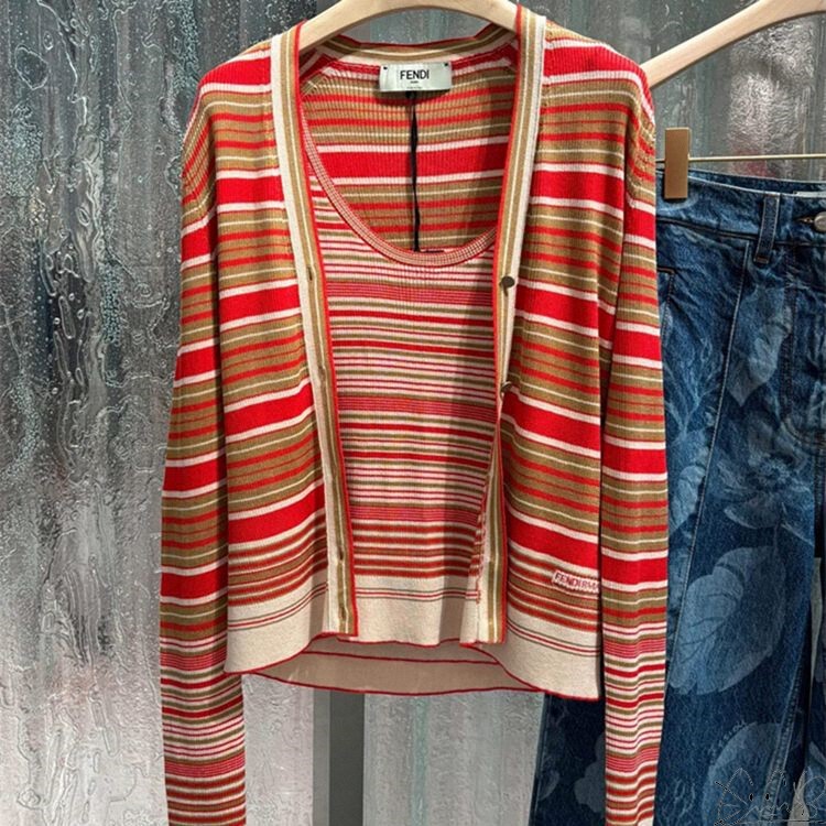 Fendi/Fendi New Classic Striped Patchwork Color-Block Buttoned Knit Cardigan Women's Sweater Jacket Men's Set Fendi/Fendi New Classic Striped Patchwork Color-Block Buttoned Knit Cardigan Women's Sweater Jacket Men's Set