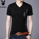 Playboy Summer Men V-cổ ngắn tay áo thun cotton nguyên chất Slim Slim màu nửa tay áo trẻ trung Hàn Quốc áo thun mỏng - Áo phông ngắn