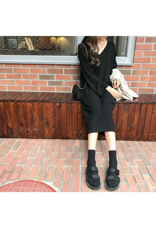 Xin Bang Bang Homemade phiên bản Hàn Quốc của chiếc đầm cổ chữ V có khí chất lười 2018 đầu thu dài tay váy nữ mỏng manh trong chiếc váy dài áo dài dáng đầm