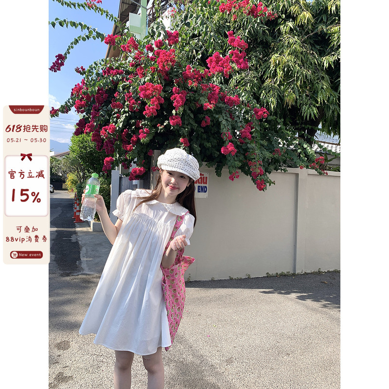 Xinbangbang LAOSHU White Doll Collar Dress for Women, New Summer Style, Sweet Princess Puff Sleeves, First Love Little White Dress