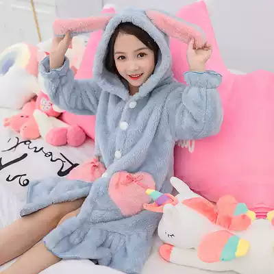 Net red robe girls Spring and Autumn Winter long-term home clothing double-sided flannel middle-aged children's pajamas thickened robe bathrobe