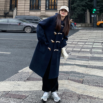 Horn button woolen coat womens 2022 autumn and winter new woolen coat small high-end Hepburn style thickened