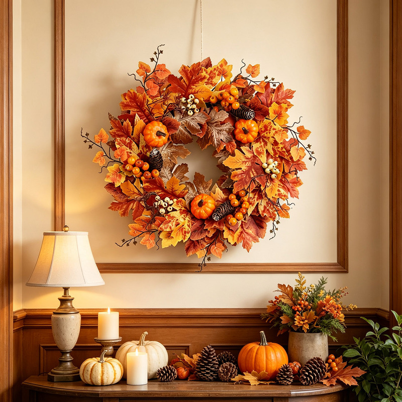Autumn Maple Leaf Pumpkin Artificial Wreath Door Hanging Ginkgo Tree Root Maple Leaf Wreath Living Room Wall Decoration Hanging Ornament