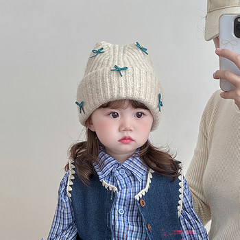 Children's bow hat autumn and winter warm thickened knitted pullover hat for baby girl windproof travel woolen hat korean