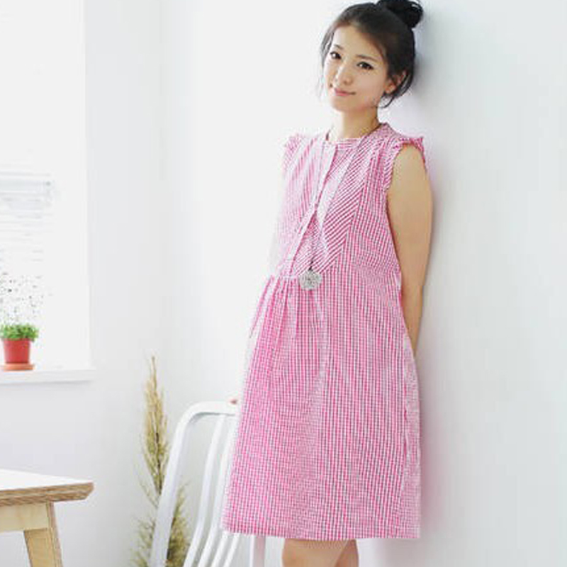 Han Edition Round Collar Summer Gestation Woman Dress Summer Dress Pregnant Woman Skirt dress Plaid for long version Fashion YYF5839