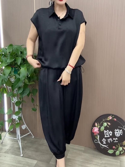 冰丝缎面套装薄款时尚妈妈装2024夏季新款宽松遮肉哈伦裤两件套女