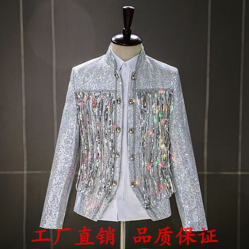 Performance Clothing for Male Singers, Stage Performance, Chorus, Sequins, Led Lights, Bar, Handsome Trendy Suit Jacket