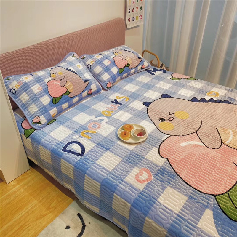 Winter Milk Suede Bed Cover Three Sets Cartoon Dinosaur Honey Peach Baby Suede Quilted Cotton Bed Linen Girls Hearts Cover Blanket