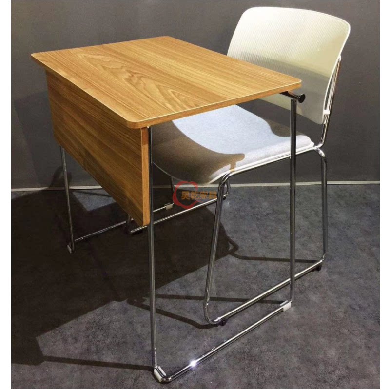 Fashion wood grain color single desk and chair supporting educational institution staff training listening study table mobile conference table