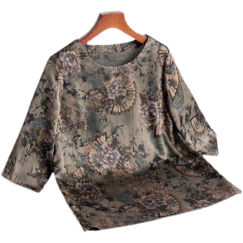 Hengyuanxiang middle-aged women's clothing, mother's clothing, foreign fashion, silk mulberry silk tops, women's t-shirts, summer clothing, mid-sleeve shirts