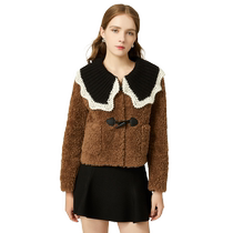C-level daughter) Zoya Weekend 23 Winter New College Contrast Color Woven Flower Collar 100% Sheep Velvet Horn Button Short Jacket