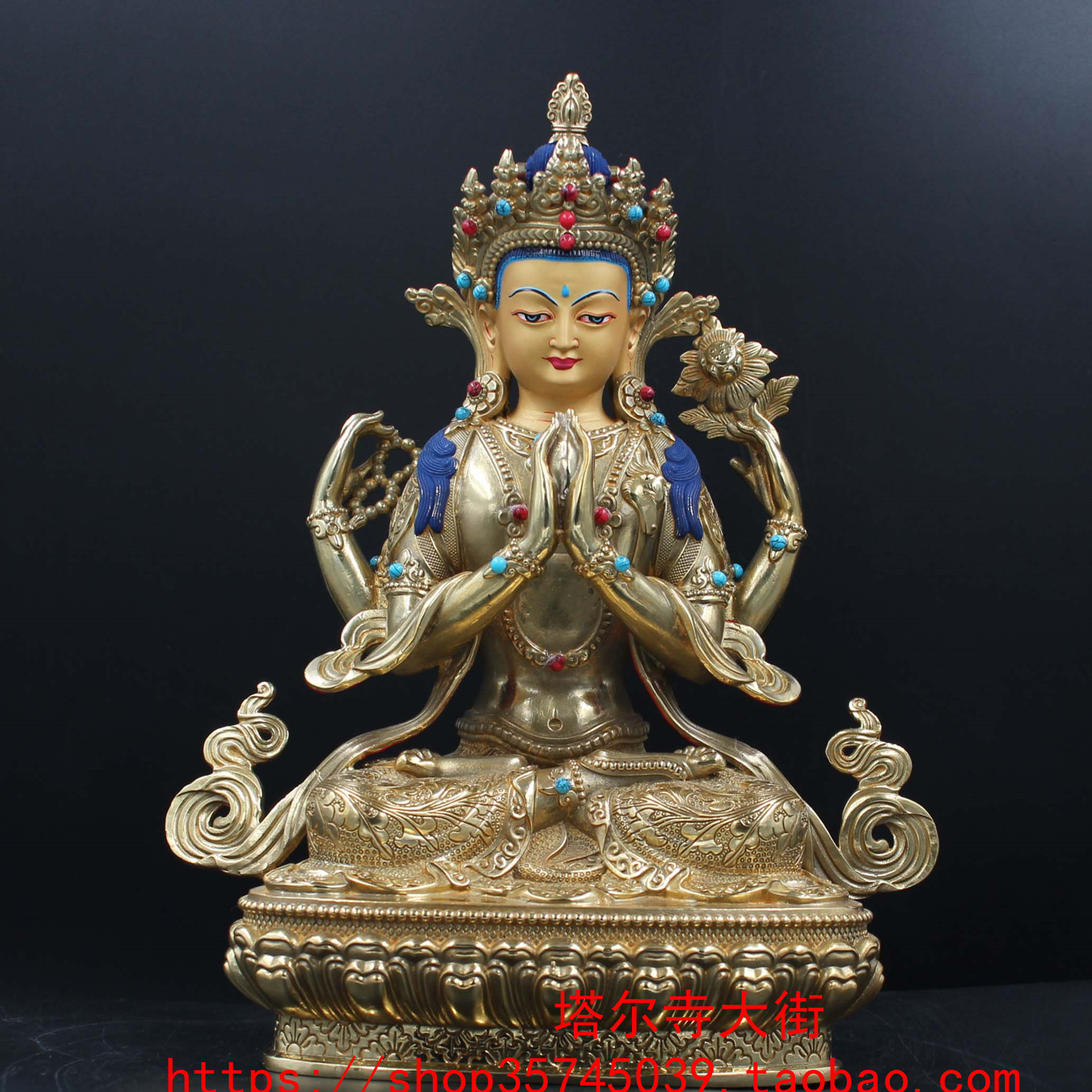 The 4-arm Guanyin of the Golden Four Arm is solemnly loaded with mascot in the Tal Monastery Size 1 m Fa